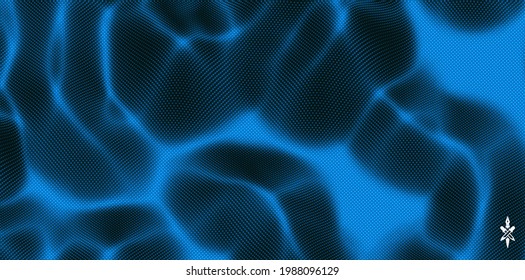 Background with convex forms. Grid surface with ripples and reflections. 3d dynamic vector illustration. 
