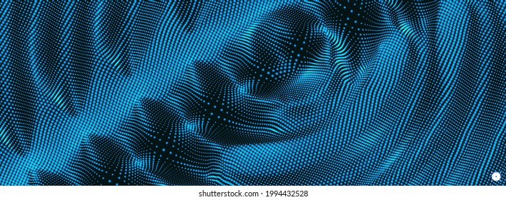 Background with convex forms. Grid surface with ripples and reflections. 3d dynamic vector illustration. 