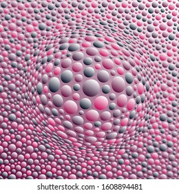 Background with convex hemisphere. Volumetric composition with optical illusion. Chaotic circles in empty space. 3d dynamic vector illustration for cover, banner, flyer or presentation.