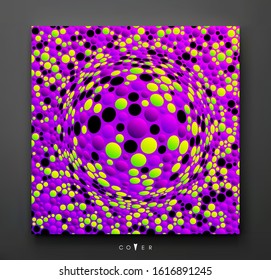 Background with convex hemisphere. Volumetric composition with optical illusion. Chaotic circles in empty space. 3d dynamic vector illustration for cover, banner, flyer or presentation.
