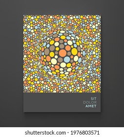 Background with convex hemisphere. Volumetric composition with optical illusion. Chaotic circles in empty space. 3d dynamic vector illustration for cover, banner, flyer or presentation.