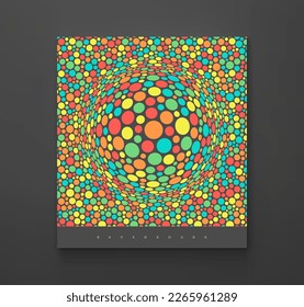 Hintergrund mit konvexe Hemisphäre. Volumetrische Zusammensetzung mit optischer Illusion. Chaotische Kreise im leeren Raum. 3D-dynamische Vektorgrafik für Cover, Banner, Flyer oder Präsentation.