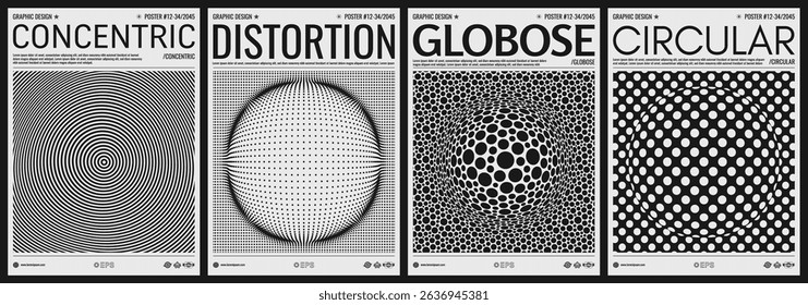 Fundo com hemisfério convexo. Composição volumétrica com ilusão ótica. Círculos caóticos em espaço vazio. Padrão de círculos concêntricos. Design preto e branco. vetor 3d para capa, banner, folheto.