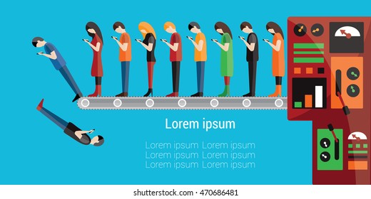 Background of conveyor belt with a people in their phones illustration isolated in a light blue background