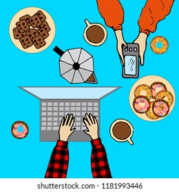 background with cookies and coffee, a computer and a phone