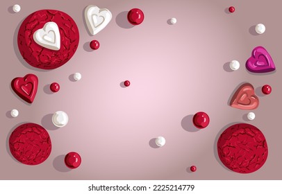 The background is a cool pink color in a gradient with beads and red cookies. Vector for printing as a banner, postcard, flyer for discounts in stores. Certificate for Valentine's Day.
