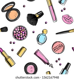 Сosmetics background with copy space for text. Hand drawn seamless pattern