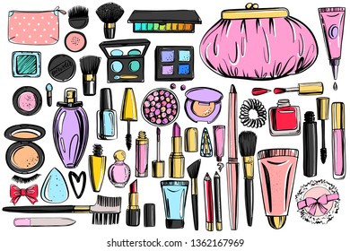 Сosmetics background with copy space for text. Hand drawn decorative cosmetics set