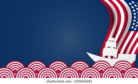 fondo con espacio para copiar, bandera de estados unidos y velero para el día de columbus