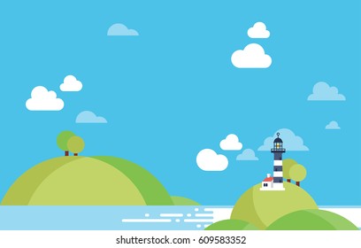 Background with Copyspace of Peaceful Beach Front with Lighhouse and Clouds in Material Design Vector and Bright Contrasting White and Blue