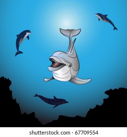 Background of a coral reef with dolphins