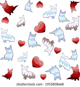 Background with corgi puppy silhouettes and hearts.