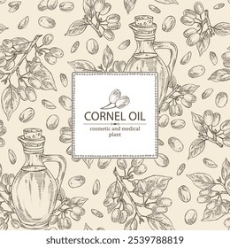 Background with cornel: plant and cornel berries and bottle of cornel oil. Vector hand drawn illustration