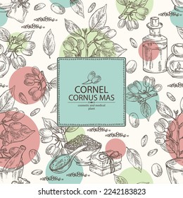 Background with cornel: plant, leaves and cornel berries. Cornus mas. Oil, soap and bath salt . Cosmetics and medical plant. Vector hand drawn illustration