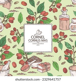 Background with cornel: plant, leaves and cornel berries. Cornus mas. Oil, soap and bath salt . Cosmetics and medical plant. Vector hand drawn illustration