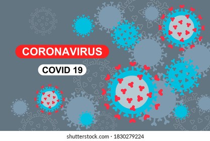 Background with Coronavirus (Covid-19). Gray, blue and red virus cells on a dark gray background.