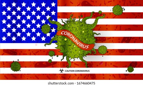 Background of coronavirus COVID-2019 on the flag of USA.Sign coronavirus. Deadly type of virus 2019-nCoV. Vector illustration.