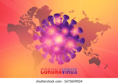 Hintergrund Coronavirus mit Weltkarte und Lichteffekte. Grippe verbreitet die Welt. Floating-Grippe-Virus und Krebszellen. Flache Vektorillustration, EPS10