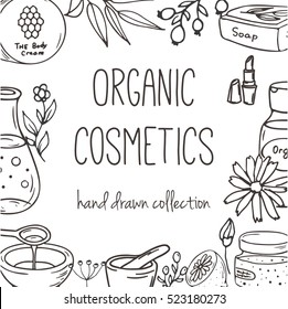 Background With Cosmetic Bottles. Organic Cosmetics Illustration. Doodle Skin Care Items. Herbal Hand Drawn Set. Spa Elements In Sketchy Style. Bio Cream. Women Make Up Icons. Organic Cosmetic Sketch