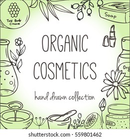 Background with cosmetic bottles. Organic cosmetics illustration. Doodle skin care items. Herbal hand drawn set. Spa elements in sketchy style. Bio cream. Women make up icons.