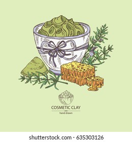 Background with cosmetic clay: green cosmetic clay, honey and rosemary. Cosmetic and medical. hand drawn.