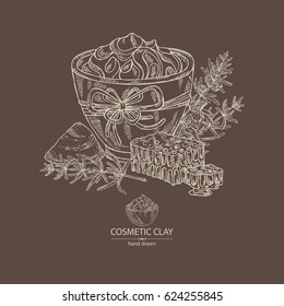 Background with cosmetic clay: cosmetic clay, honey and rosemary. Cosmetic and medical plant. hand drawn.