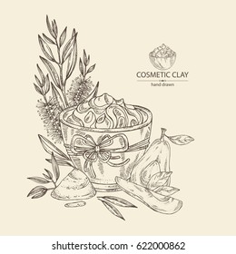 Background with cosmetic clay: cosmetic clay, tea tree and avocado. Cosmetic and medical plant. hand drawn.