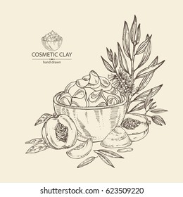 Background with cosmetic clay: cosmetic clay, tea tree and peach. Cosmetic and medical plant. hand drawn.