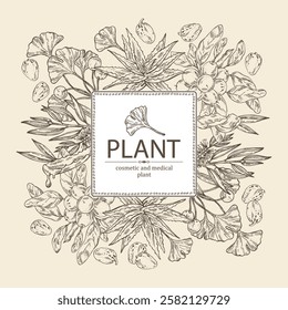 Background with cosmetic and medical plants: aloe vera, ginkgo biloba, tea tree, shea nut. Vector hand drawn illustration