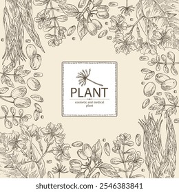 Background with cosmetic and medical plants: cornel berries, bacopa monier, brahmi, angelica sinensis root, chonemorpha macrofylla. Vector hand drawn illustration