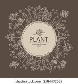 Background cosmetic and medical plants: rubia cordifolia, boerhavia diffusa, punarnava, pterocarpus marsupium, indian kino tree, cyperus rotundus, nagarmotha. Vector hand drawn illustration