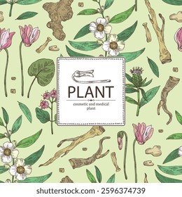 Background with cosmetic, parfumery and medical plants: mesua ferrea, cyclamen, boerhavia diffusa, punarnava, atraktylodes large. Vector hand drawn illustration.