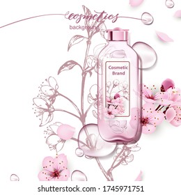 Background for cosmetic product branding, identity and packaging inspiration.Pink Cosmetic water on the background of a cherry blossom branch drawn in the style of a sketch. Vector illustration.