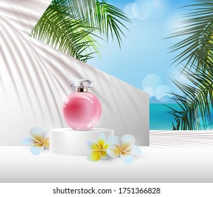 Background for cosmetic product branding, identity and packaging inspiration.Beautiful women's perfume  against the background of palm leaves and the sea. Vector template