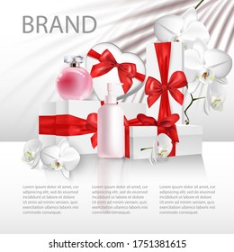 Background for cosmetic product branding, identity and packaging inspiration.White gift boxes with red silk bows and various cosmetic products, perfumes, creams. Vector template