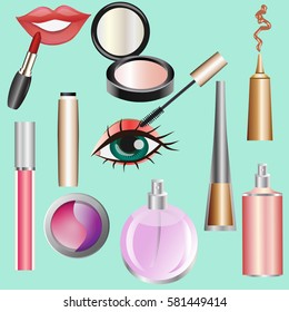 background with cosmetics: eyeshadow, cream, mascara, lipstick, brushes, nail Polish, mirror, comb