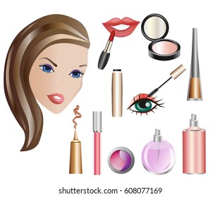 background with cosmetics: mascara, cream eyeshadow, mirror, nail Polish