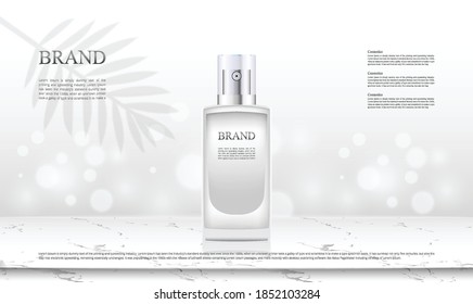 Productos cosméticos de fondo con una ilustración de mármol y hojas en la mesa superior