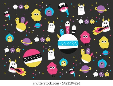 background with cosmic cartoon monsters, aliens, space world