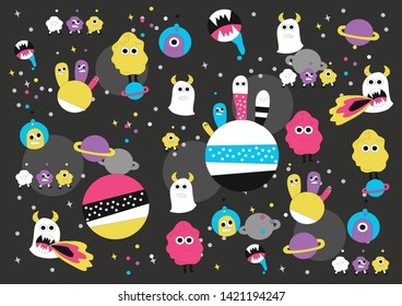 background with cosmic cartoon monsters, aliens, space world