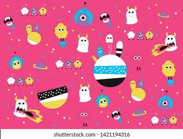 background with cosmic cartoon monsters, aliens, space world