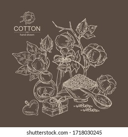 Fondo de algodón, planta de algodón, jabón y sal de baño. Planta cosmética y médica. Ilustración dibujada a mano por vectores. 