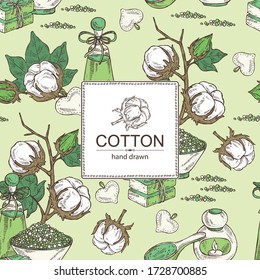 Background with cotton, cotton plant, soap and bath salt . Cosmetic and medical plant. Vector hand drawn illustration. 