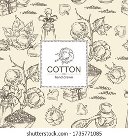 Fondo con algodón, planta de algodón, jabón y sal de baño. Planta cosmética y médica. Ilustración dibujada a mano por vectores. 