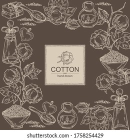 Background with cotton, cotton plant, soap and bath salt . Cosmetic and medical plant. Vector hand drawn illustration. 