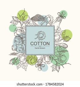 Background with cotton, cotton plant, soap and bath salt . Cosmetic and medical plant. Vector hand drawn illustration. 