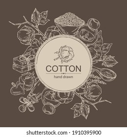 Background with cotton, cotton plant, soap and bath salt . Cosmetic and medical plant. Vector hand drawn illustration. 