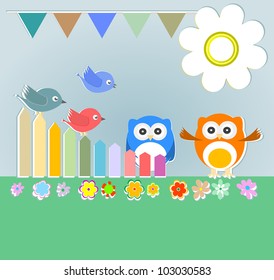 Background with couple of owls and birds