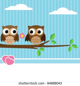 Background with couple of owls sitting on branch