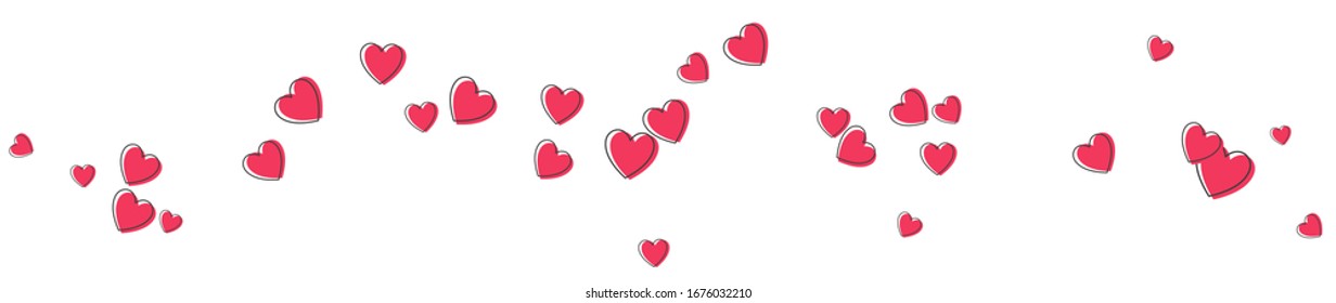 Background, cover decorated with red hearts. Hearts with a biased contour in a chaotic manner isolated on a white background. Vector illustration.